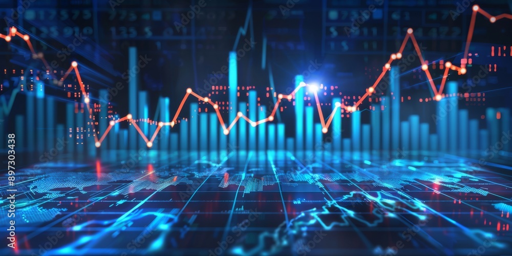 Poster cutting-edge stock market visualization with glowing blue and red graphs, data analytics and trends.