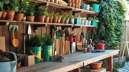 Garden storage area with aligned tools and color-coordinated cans
