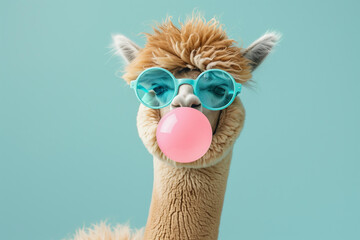 portrait of an alpaca blowing pink bubble gum, wearing pastel blue glasses, solid pastel blue background, wallpaper, poster for trendy stylish print
