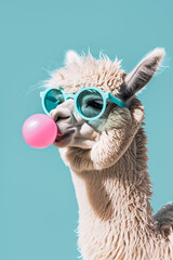 portrait of an alpaca blowing pink bubble gum, wearing pastel blue glasses, solid pastel blue background, wallpaper, poster for trendy stylish print