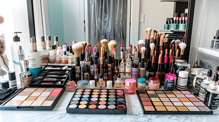 Makeup station with arranged palettes and sorted lipsticks