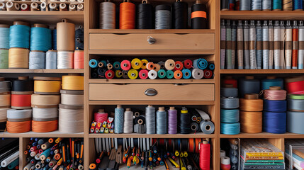 Fototapeta premium Tidy craft area with organized supplies and color-coded thread spools
