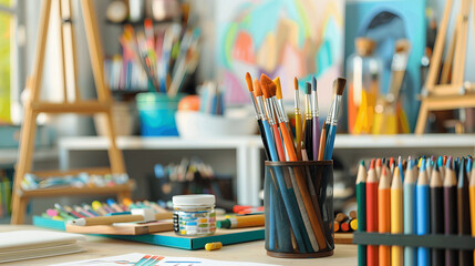 Well-organized art desk with sorted markers and stacked canvases