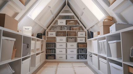 Well-organized attic storage with labeled boxes and spaced bins
