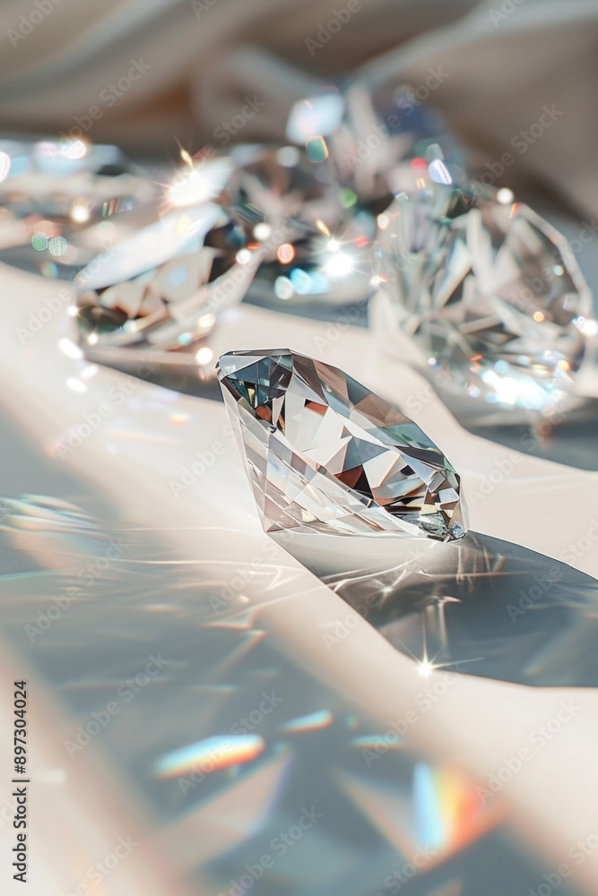 Poster a detailed view of a shiny diamond set on a table