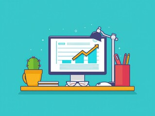 Illustration of a modern workspace with a computer showcasing a growth chart, cactus plant, desk lamp, and stationery against a blue background.
