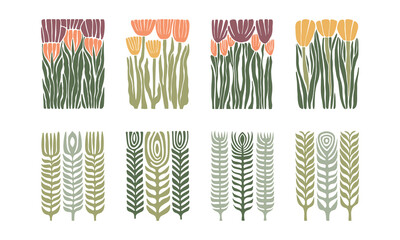 BloomBlocks, a set of abstract botanical wall art posters. Modern floral aesthetic vector illustrations in natural earthy colors.