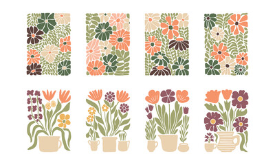 BloomBlocks, a set of abstract botanical wall art posters. Modern floral aesthetic vector illustrations in natural earthy colors.