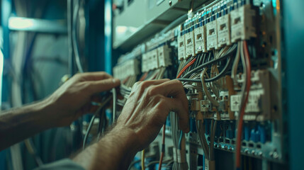 Hands of a couple installing electricity connecting electrical cables on an electrical panel to turn on the building's electrical system, 8k resolution
