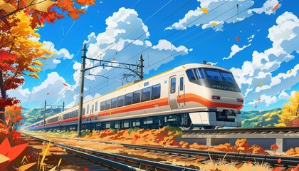 Train modern, autumn, anime style cartoon