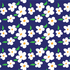 Obraz premium Cute floral seamless pattern. Repeated small white flowers and green leaves on blue background. 