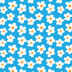 White flowers seamless pattern on blue background. Cute seamless pattern.