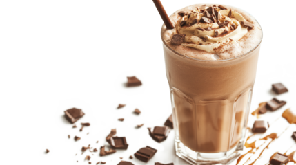 A glass of chocolate milk with chocolate shavings on top isolated on a transparent background