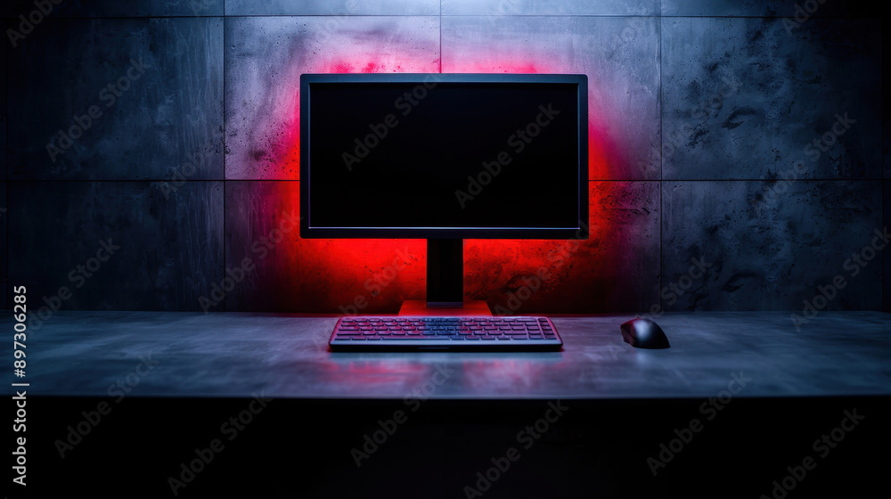Poster a modern computer setup featuring a monitor, keyboard, and mouse illuminated by red light, ideal for