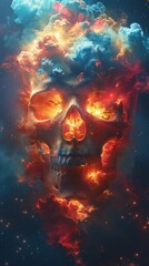 Skull set alight within vibrant cosmic clouds