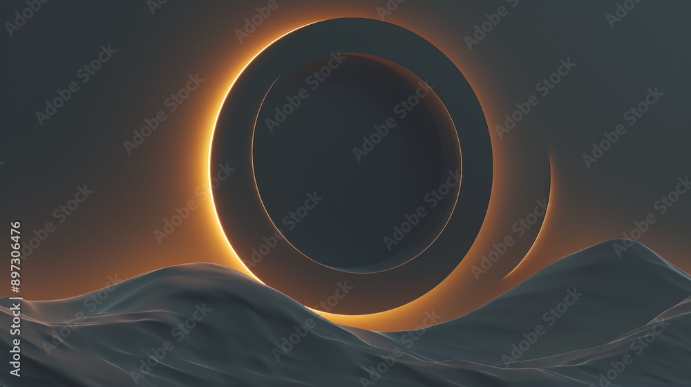 Poster abstract landscape with a minimalist glowing ring structure in the background