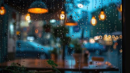 Cozy Cafe Window with Raindrops and Warm Lights on a Rainy Evening, Creating a Relaxing and Serene Atmosphere
