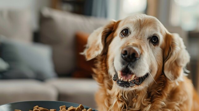 Senior pets eating food designed to support healthy aging, with happy and active expressions