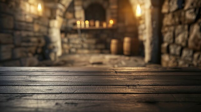 close up of empty wooden table with blurred old medieval catacombs background