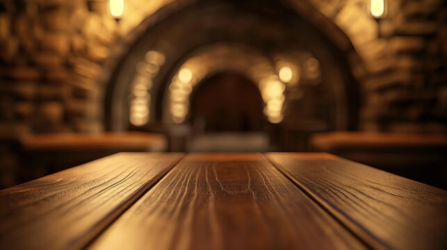 close up of empty wooden table with blurred old medieval catacombs background