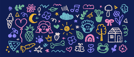 Hand drawn colorful set charcoal doodle shapes in childish style. Chalk kids drawings, simple decorative vector elements. Colorful collection of scribble, animal, flower, sun, cloud