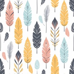 Seamless Pattern of Colorful Feathers on a White Background