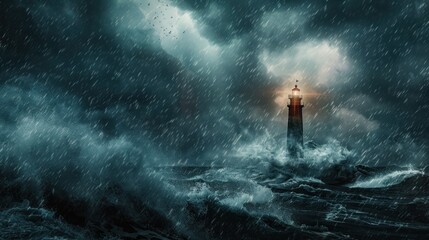 Fototapeta premium Majestic Lighthouse Standing Strong Amidst Stormy Seas and Dark Skies, Illuminating the Path with Resilience and Strength