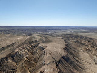 Karagiye Depression or Karagiye Mountain Trench at its lowest point at Vpadina Kaundy, is approximately 134 metres (440 ft) below sea level. Mangyshlak Peninsula, Kazakhstan.