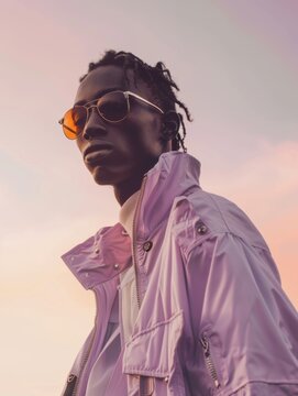 Streetwear fashion editorial campaign at sunset, a black male diverse model wearing a purple jacket sunglasses, sky background, clouds, low angle, generative ai