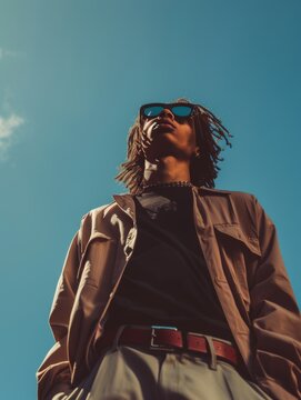 Editorial fashion streetwear campaign of a black male diverse model wearing a brown jacket sunglasses, sky background, clouds, low angle, generative ai