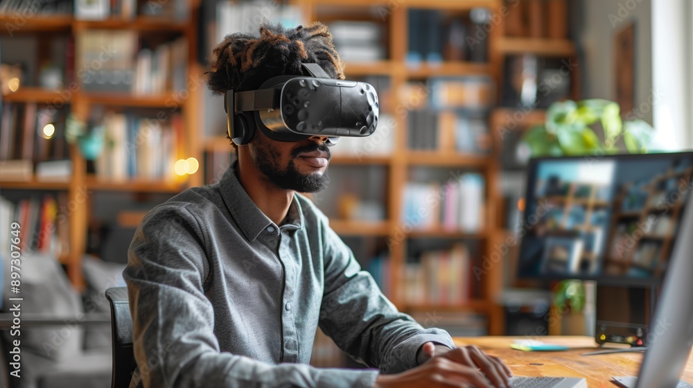 Poster a man wearing a virtual reality headset sits at a desk in a home office with a bookshelf in the back