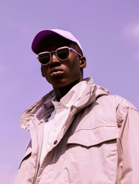 Medium shot of a black male diverse model, beige jacket and pink cap with sunglasses, summer, Streetwear, fashion campaign editorial, studio photography, purple background, generative ai