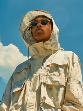A black male diverse non-binary model wearing a white jacket for a fashion streetwear campaign, sky background, generative ai