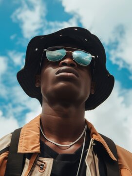 Low angle of a black male model with a fisherman hat and sunglasses, summer Streetwear, fashion campaign, sky background, generative ai
