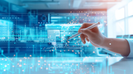 a hand using a stylus to interact with an AI-driven digital interface displaying predictive analytics, AI insights, and interconnected data points. The backdrop is a high-tech offi