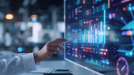 a business professional using a stylus to explore advanced data visualization tools on a holographic interface, featuring dynamic charts, graphs, and network connections. The backg