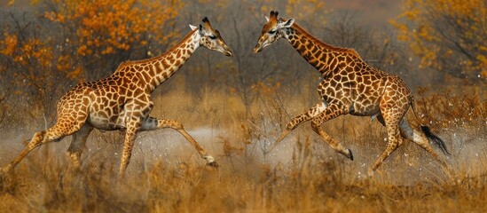 Obraz premium Two Giraffes Running Through Golden Grass