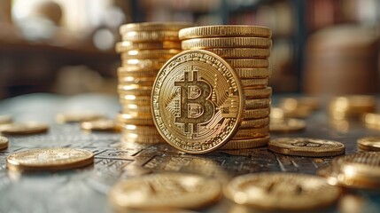 A stack of gold coins with a Bitcoin symbol on top