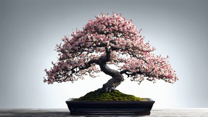 Fototapeta premium Charming crabapple bonsai adorned with dainty white blossoms clean minimalist backdrop dreamy atmosphere Abstract background
