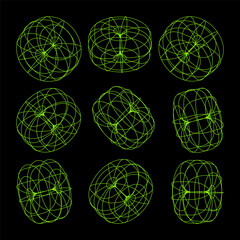 Naklejka premium Wireframe lined shapes. Perspective mesh, 3d grid. Low poly geometric elements. Retro futuristic design elements, y2k, vaporwave and synthwave style. Vector illustration