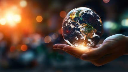Hand holding glowing glass Earth against blurred dark background showcasing sustainable energy and global care, glass globe, Earth planet