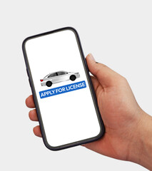 Applying for license online through mobile, background with hand showing smartphone.