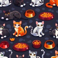 Seamless Pattern with Cute Cartoon Cats, Bowls of Food and Scattered Kibble on a Dark Background