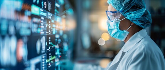 Precision in the Pandemic: A masked medical professional analyzes critical data on a vibrant digital interface, showcasing the forefront of healthcare technology in action.
