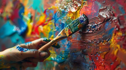 Obraz premium Hand Holding a Paintbrush: A hand holding a paintbrush dipped in colorful paint, ready to create art. 