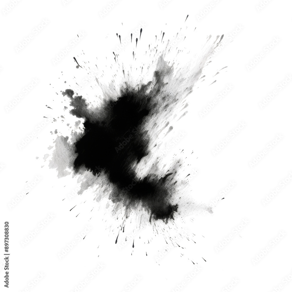 Poster a single, bold black ink splatter explodes outward from the center of the image, creating a dramatic