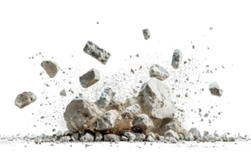 A crumbling stone wall explodes in a cloud of dust and debris, with fragments flying through the air against a white background