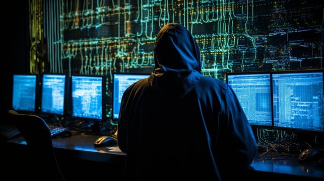 Programmer typing code on computer screen, lines of programming displayed, software development