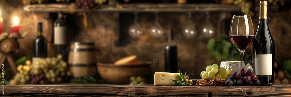 Aufkleber a glass of red wine, a bottle of wine, and cheese are arranged on a wooden table in a dimly lit cell