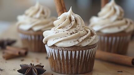 Single spiced chai latte cupcake with chai-spiced frosting and cinnamon stick 